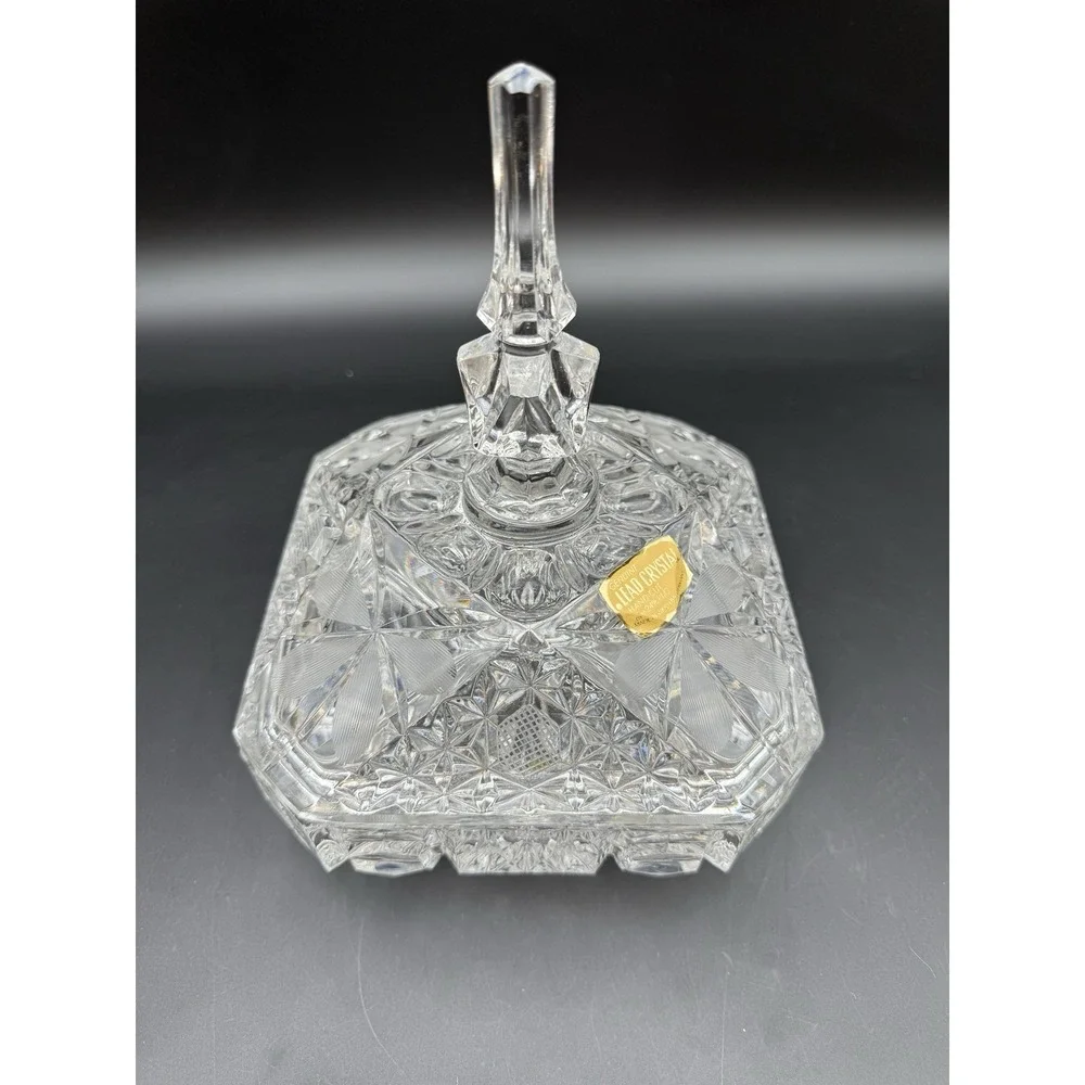 Square Crystal Covered Candy Dish Strawberry and Star Flower Pattern Curved Foot